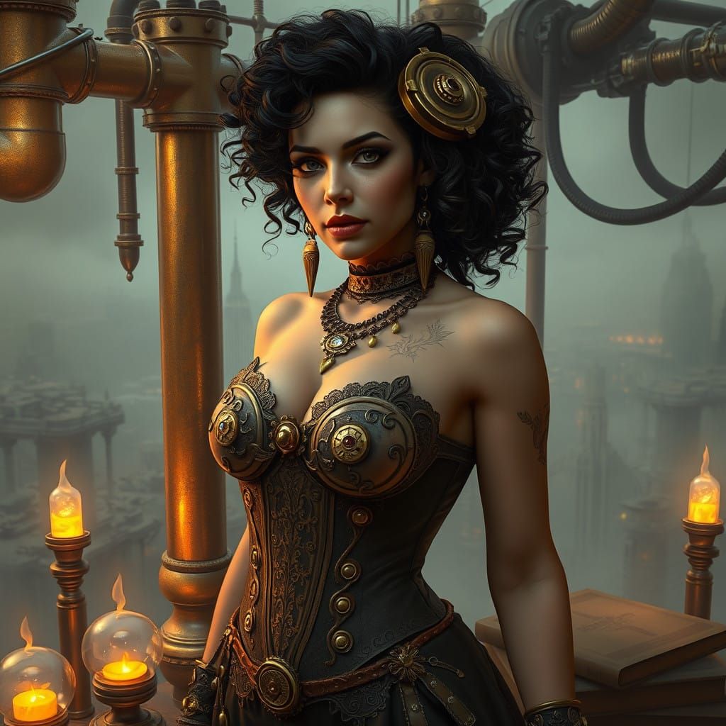 Steampunk Goddess in Industrial Fog