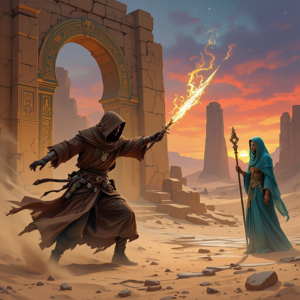 Desert Ruins Duel: Thief and Automaton in Noir Style