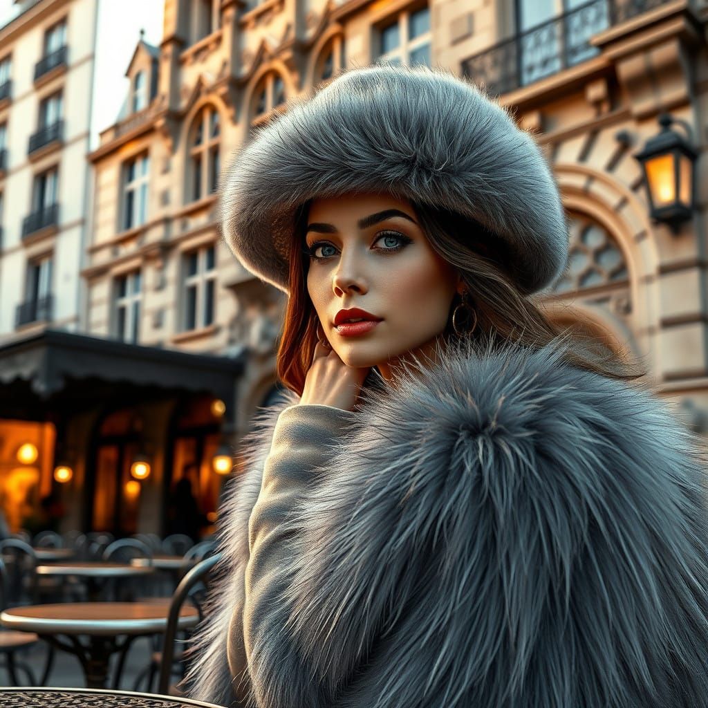 Elegant Parisian Woman in Silver Fox Fur Coat