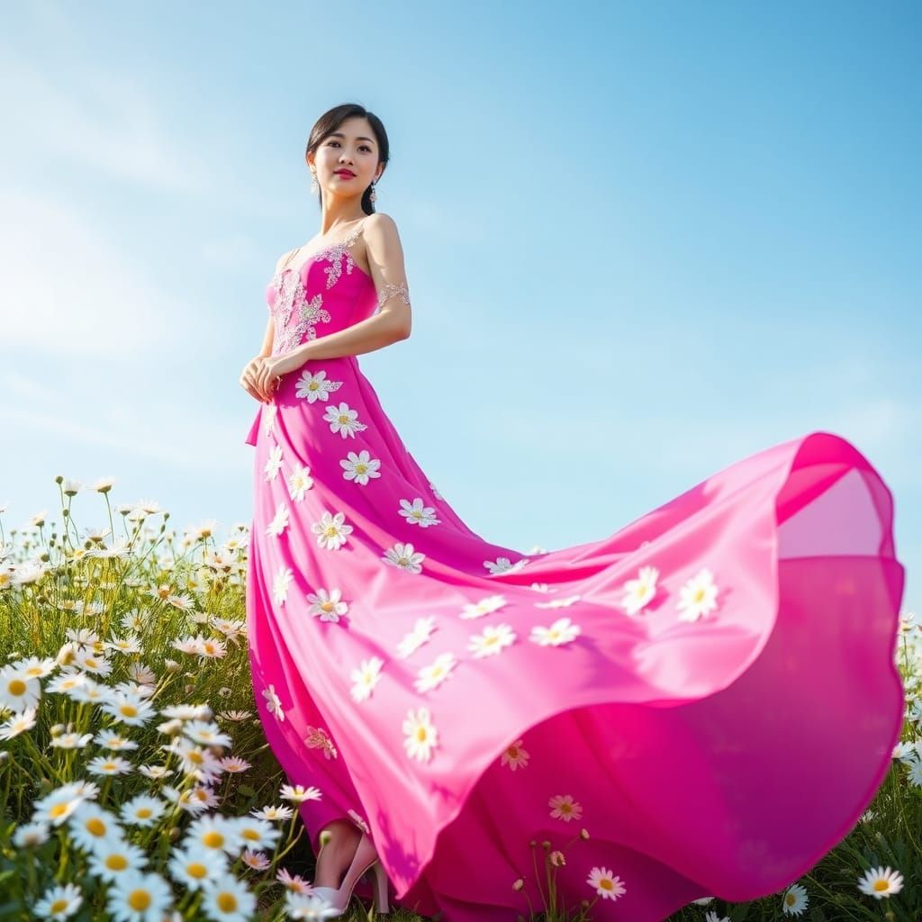 Asian Woman in Pink Dress Among Daisies