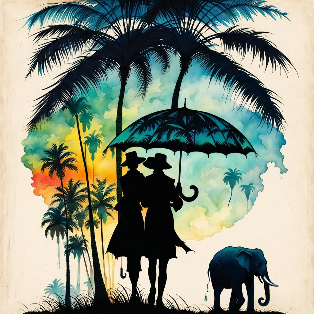 Silhouette of Woman with Umbrella in Watercolor Style