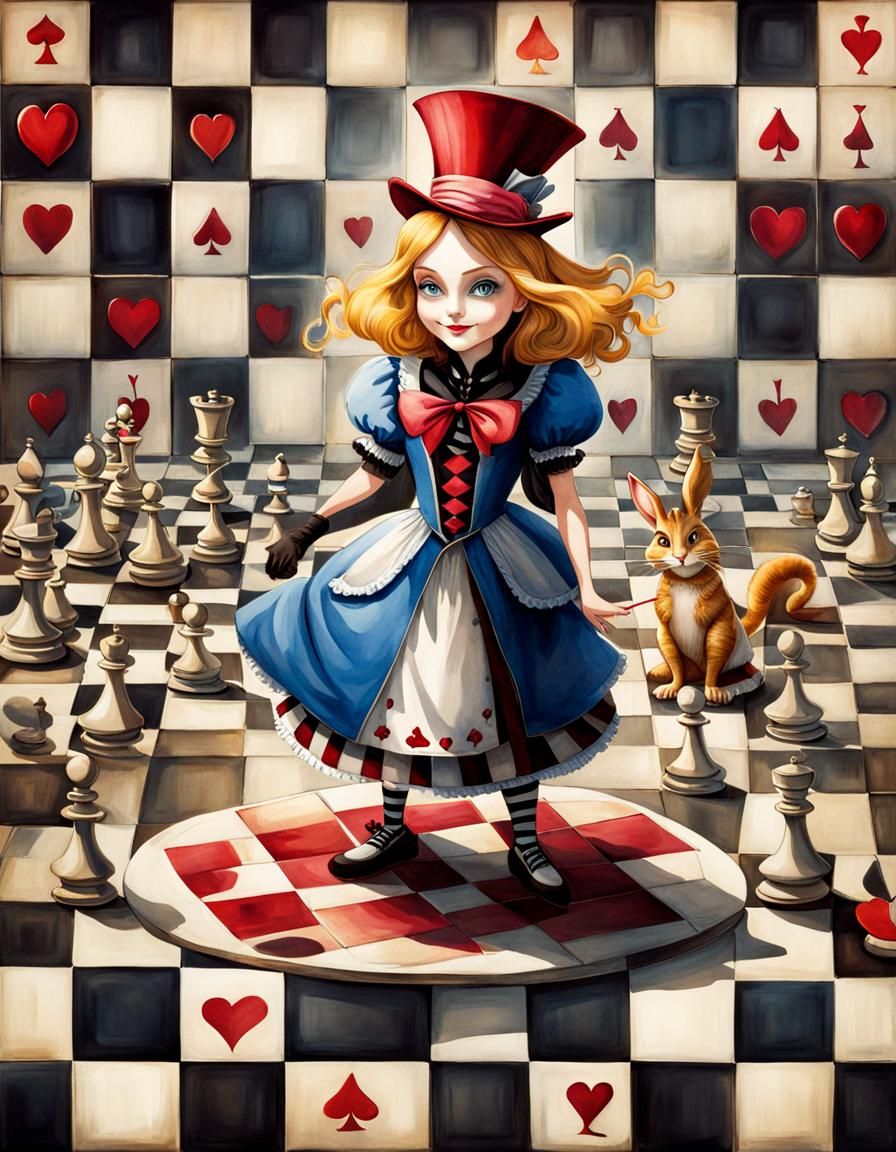 Alice in Wonderland Chessboard: A Whimsical Painting