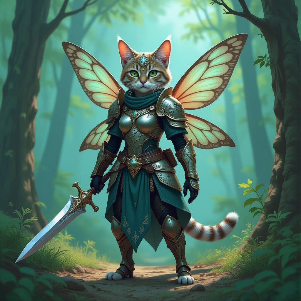 Feline Fairy Warrior in Mystical Forest