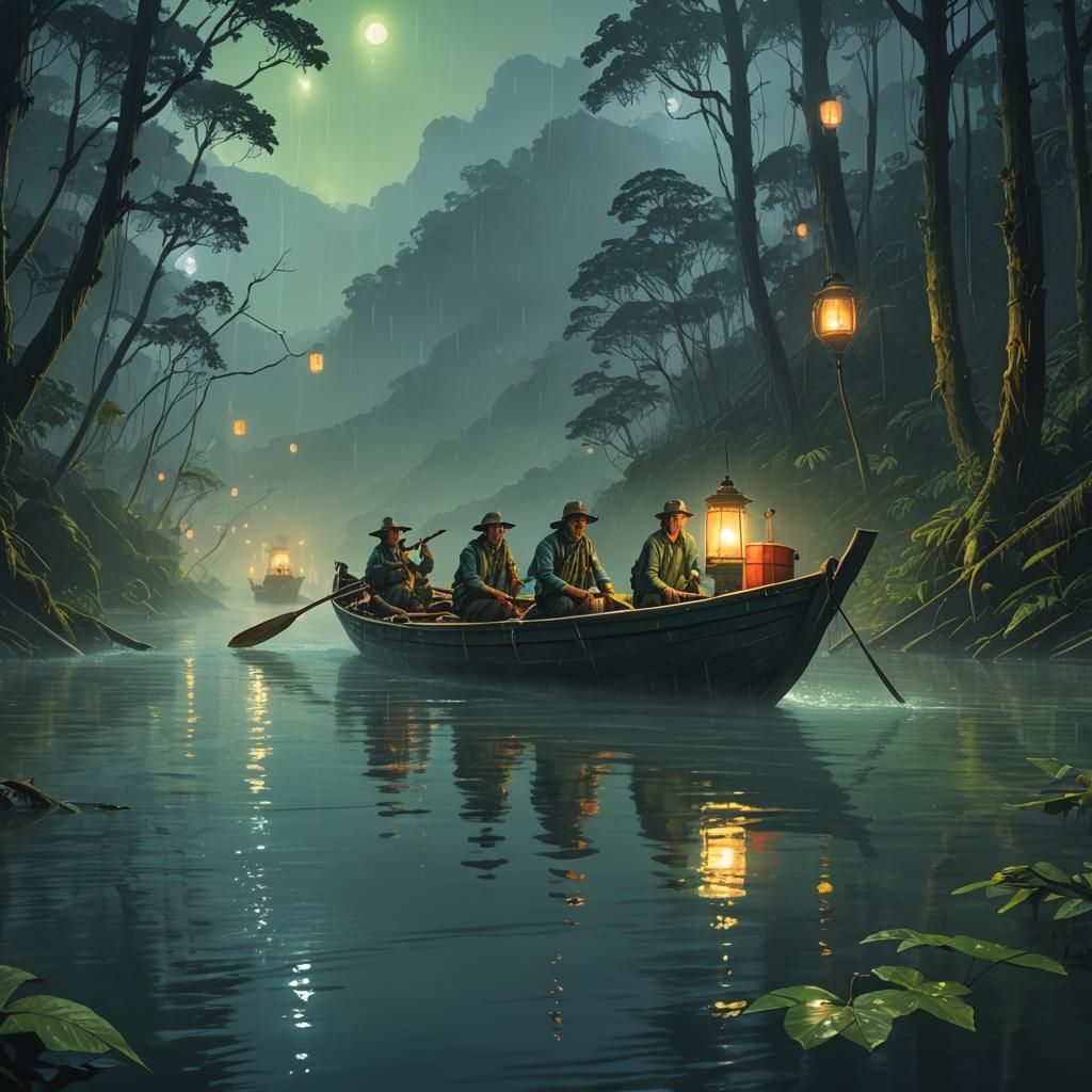 Misty Amazon River at Night: Cinematic Concept Art