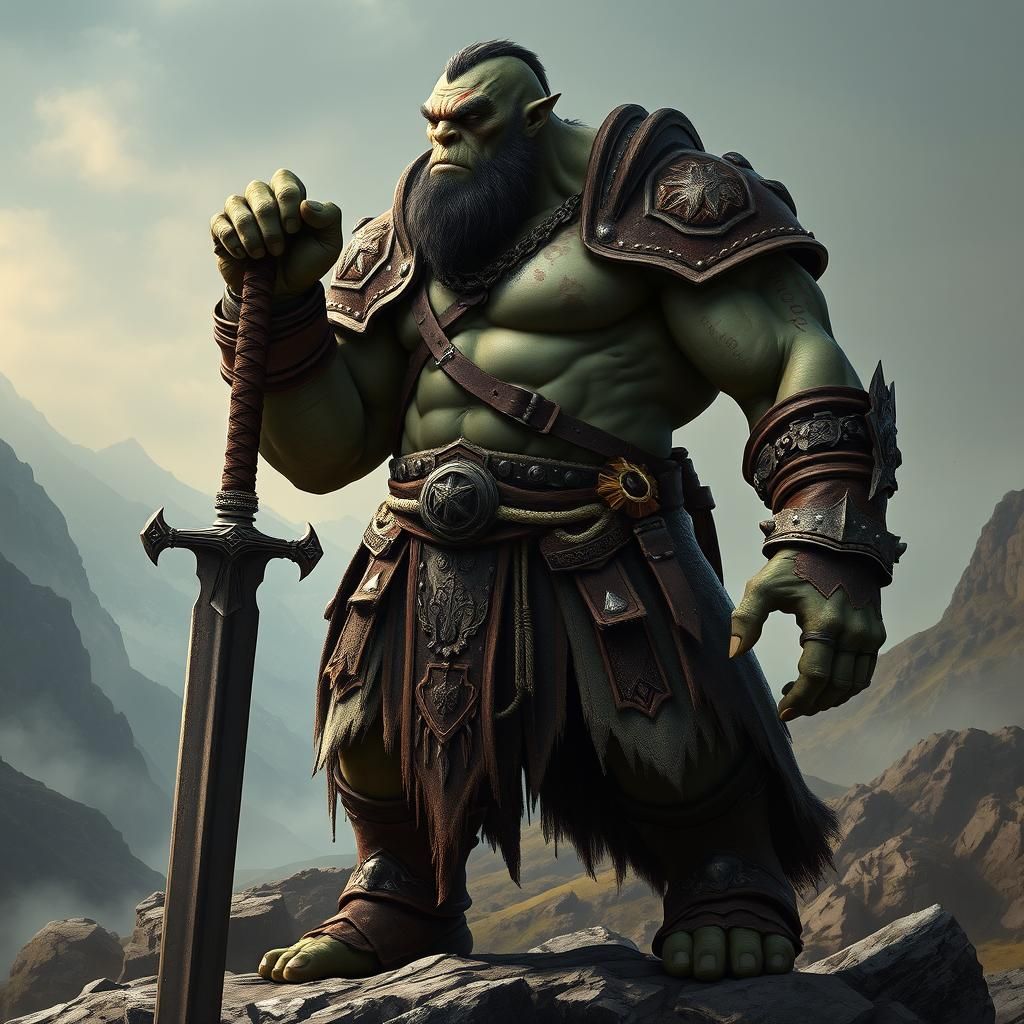Mighty Orc Warrior in Misty Landscape