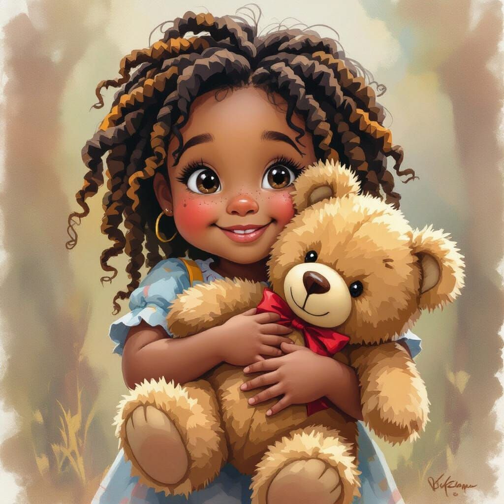 Joyful African American Girl With Teddy Bear in Watercolor S...