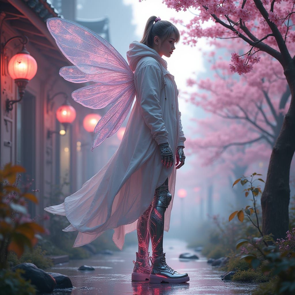 Cyberpunk Fairy in Futuristic Teahouse