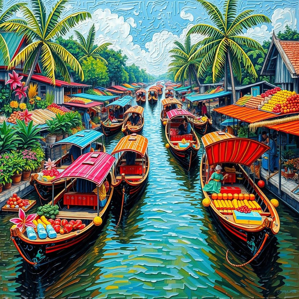 Vibrant Floating Market in Impasto Acrylic Style