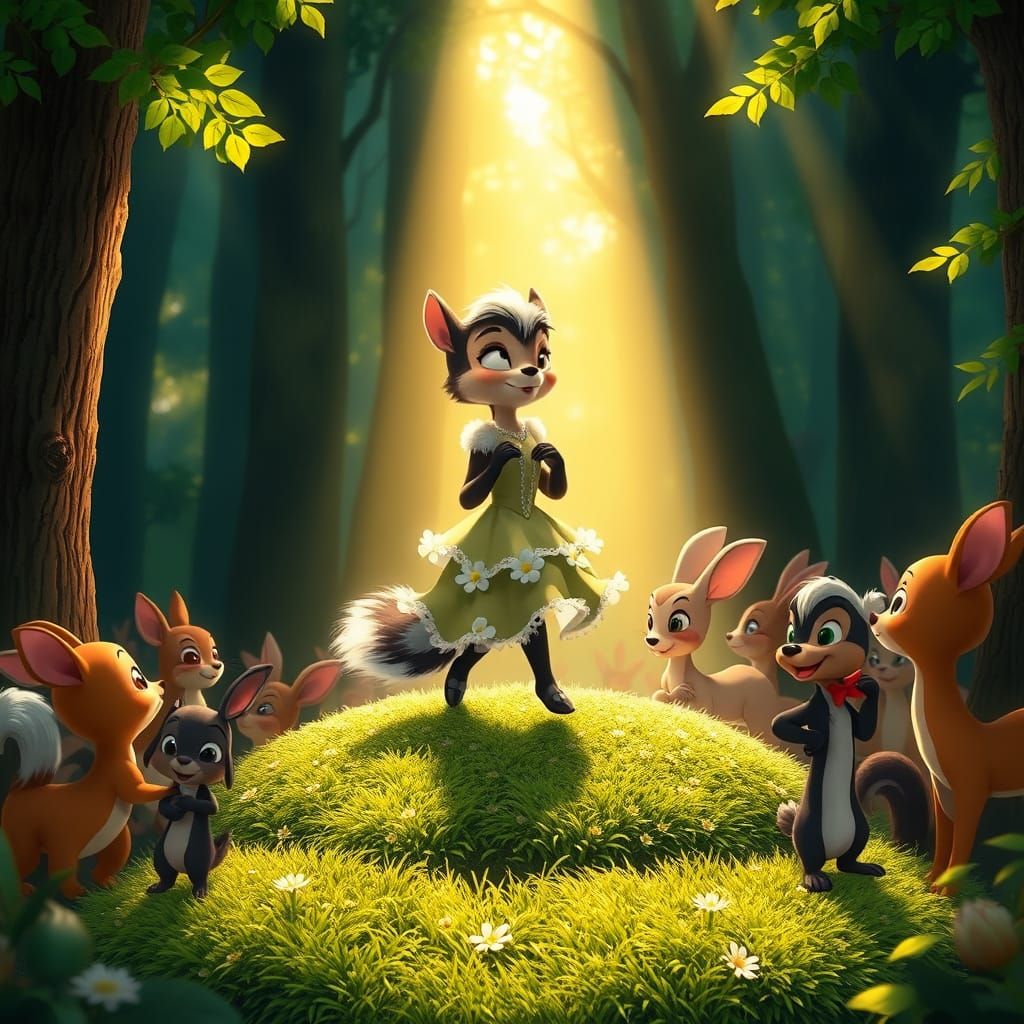 Charming Skunk Lady in Whimsical Bambi-Inspired Scene