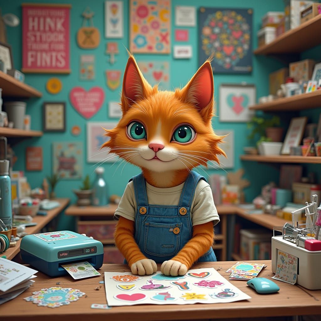 Whimsical Cat Crafts Unique Stickers in Industrial Chic Work...