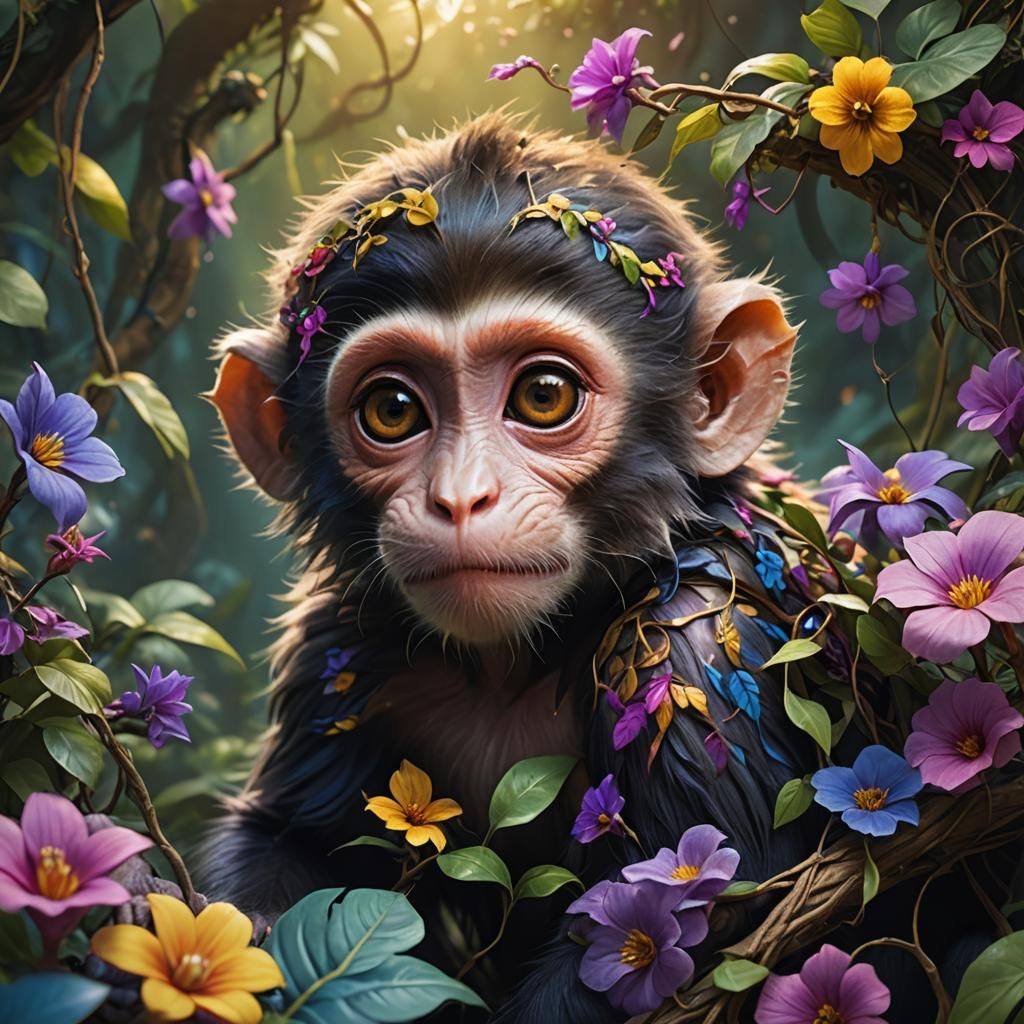Adorable Baby Monkey in a Dreamy Jungle