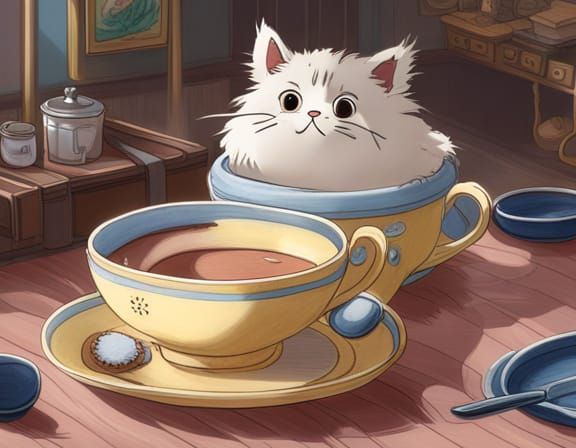 Magical Kitten Teacup in Ghibli Style