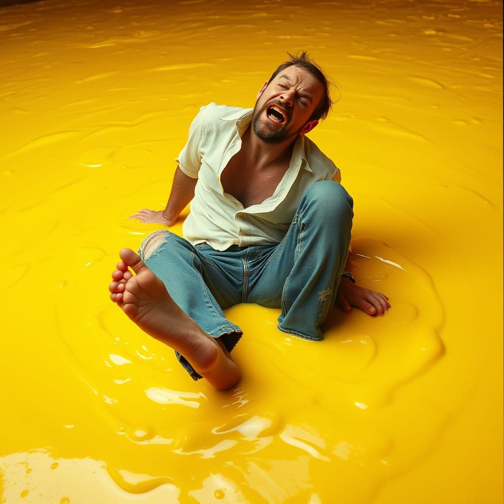 Man Stuck in Bright Yellow Glue, a Surreal Pop Art Scene