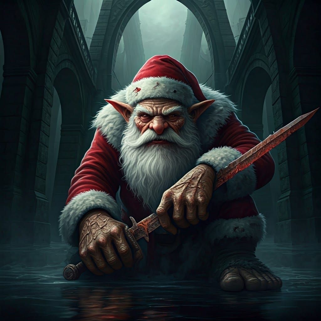 Terrifying Troll Santa Under Bridge in Dark Fantasy Style