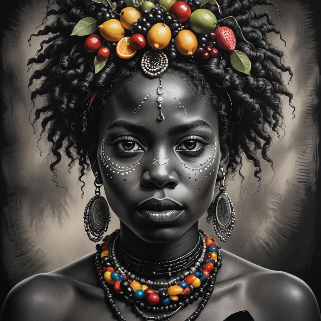 African Woman Portrait in Charcoal with Beads and Fruit