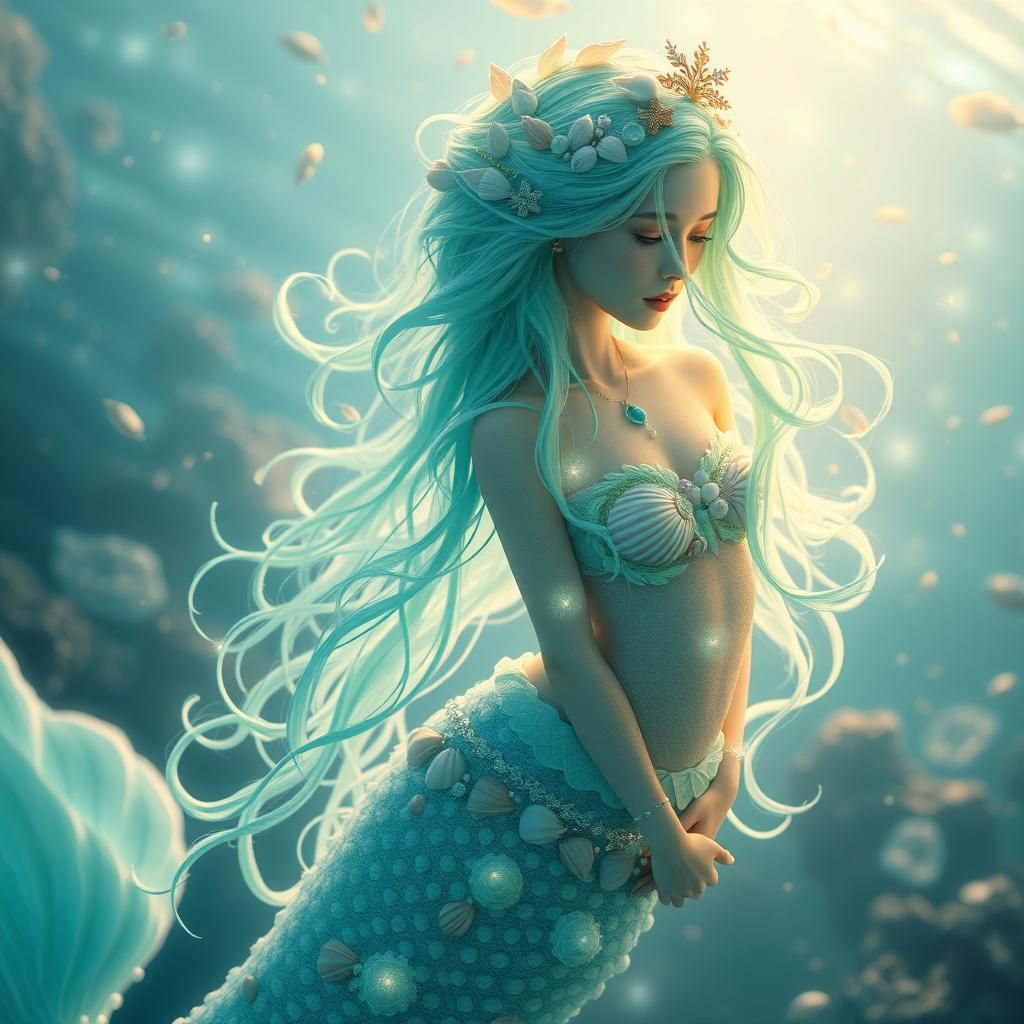 Luminous Mermaid Adorned with Shells in Pastel Hues