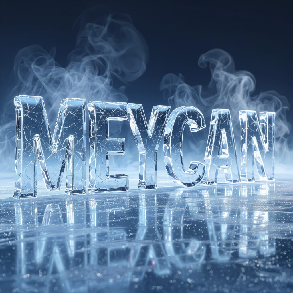 Luxury Frozen Ice Text "Meycan" with Blue-White Glow