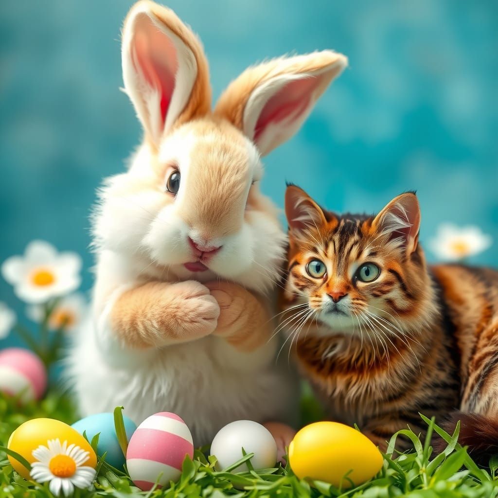 An Easter bunny and a cat.