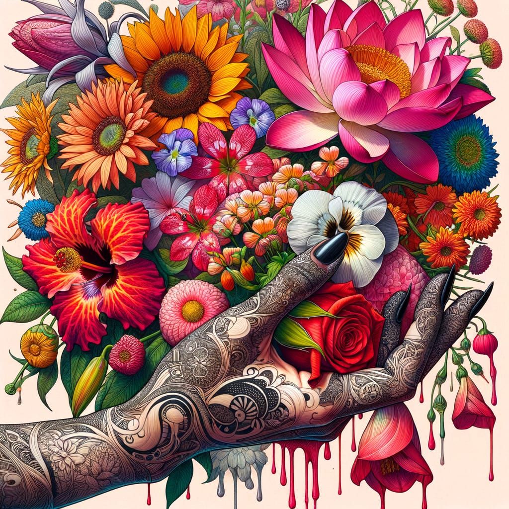 Henna Hand Holding Colorful Floral Bouquet
