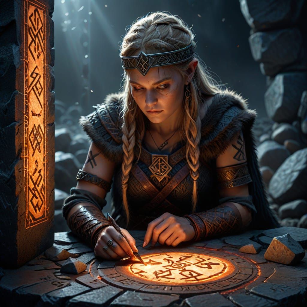 Viking Woman Studying Glowing Runes in Dramatic Light