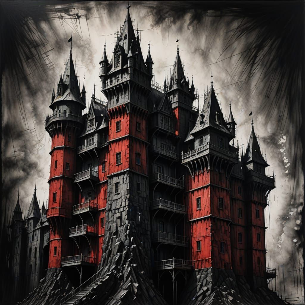 Abstract Red Castle Wall in Charcoal