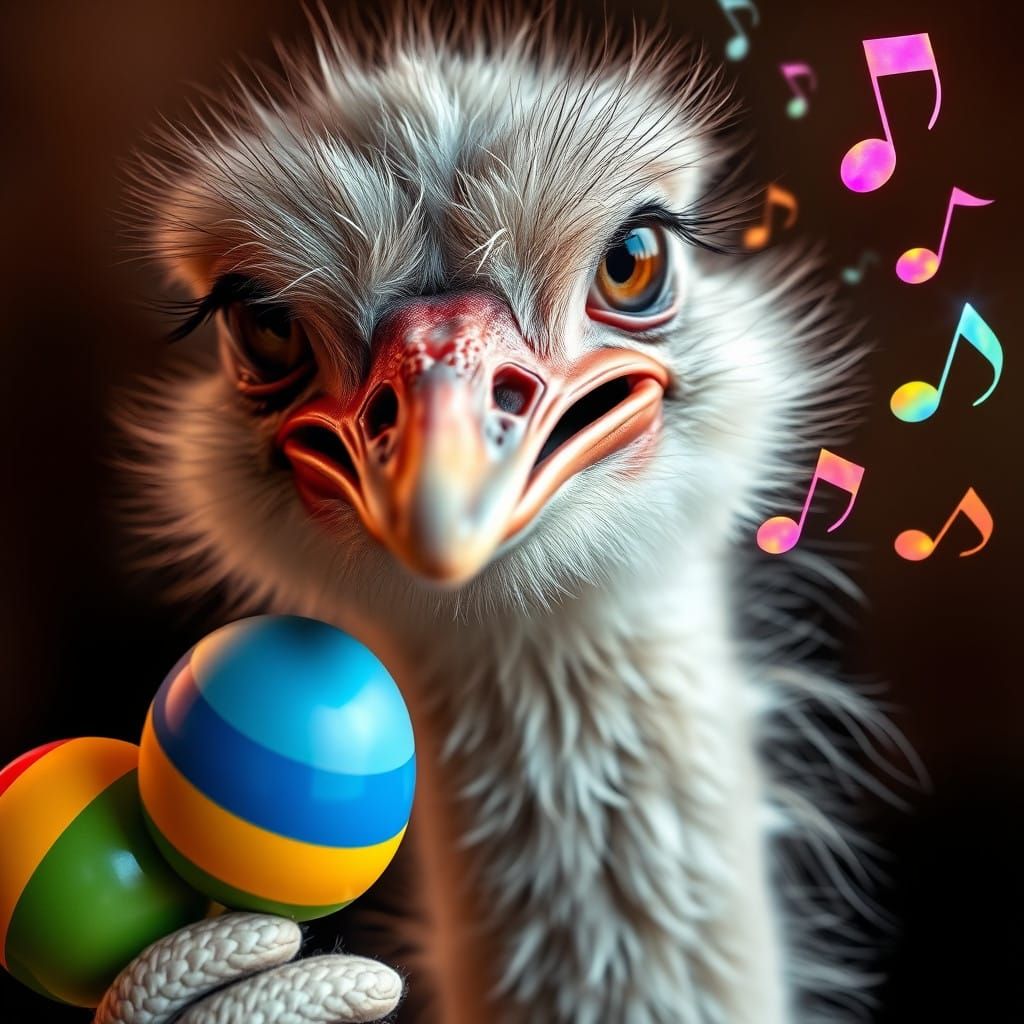 Hyper-Realistic Ostrich Plays Colorful Maracas in a Whimsica...