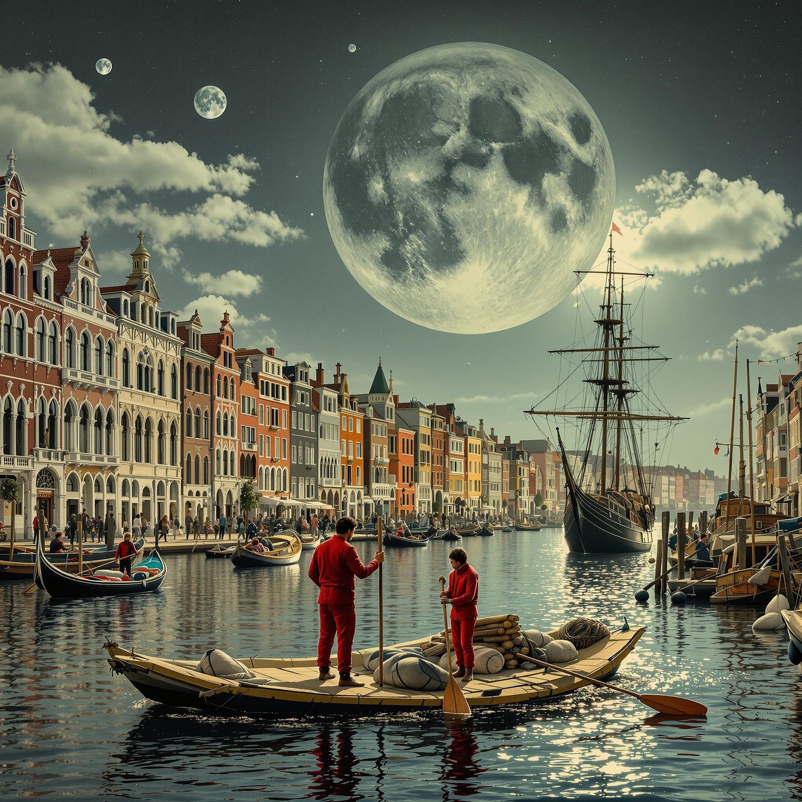 Surreal Waterfront Scene with Celestial Bodies