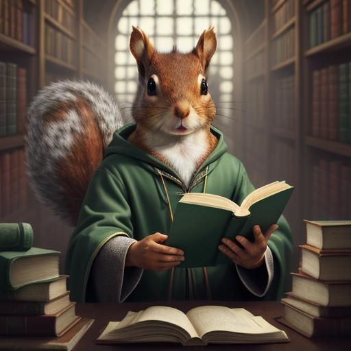 Anthropomorphic Squirrel Sage in Cosmic Library