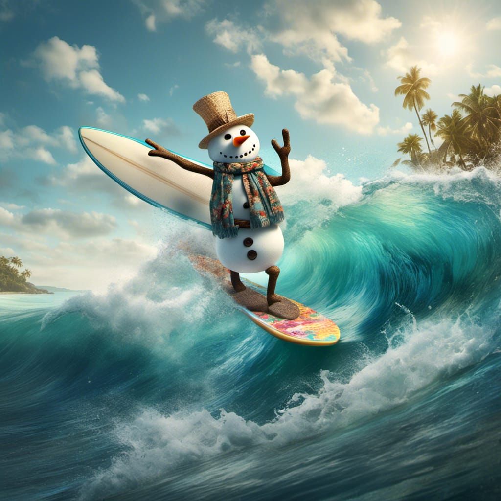 Snowman Surfing to Island Beach in Hyperreal Style