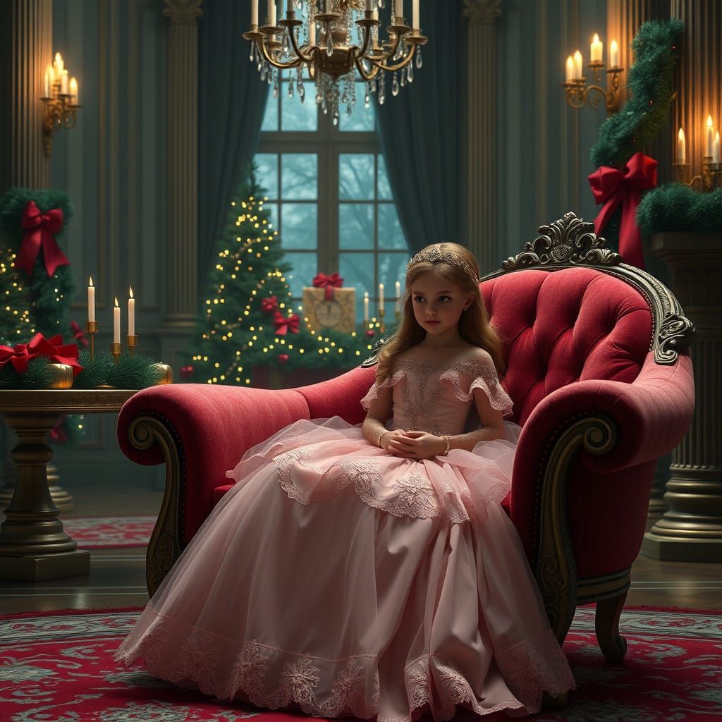 Young Girl in Rose and Lace Dress with Gold Jewellery Steals...