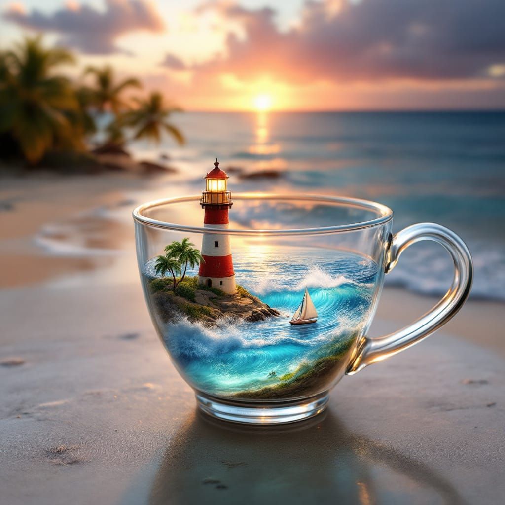 Miniature Ocean Scene in Teacup: Photorealistic Sunset