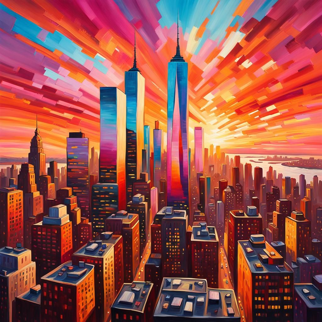New York City Skyline Sunset in Oil Painting Style