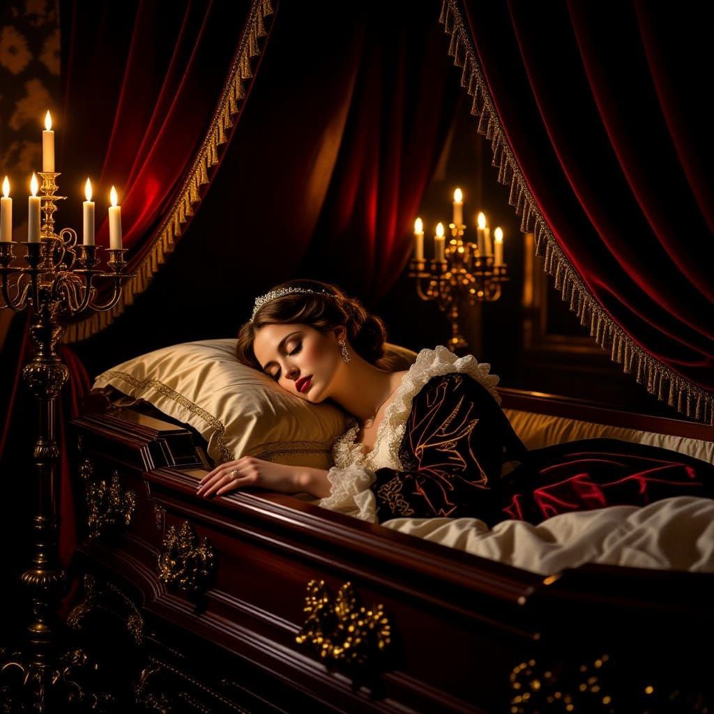 Serene Woman in Ornate Coffin, Baroque Style