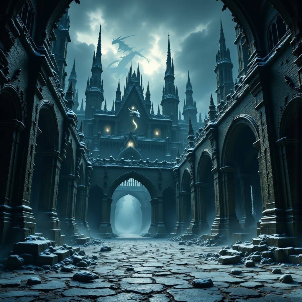 Moonlit Dragon Fortress in Gothic Ruins