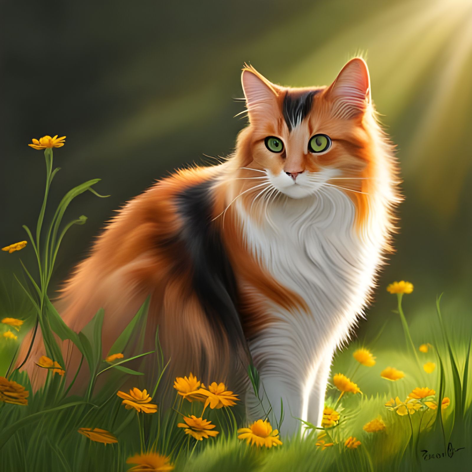 Gorgeous Calico Cat in Meadow, Hyperrealistic Detail