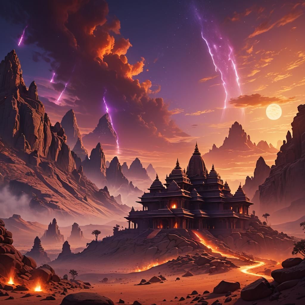 Indian Temple Silhouette with Magic Lights