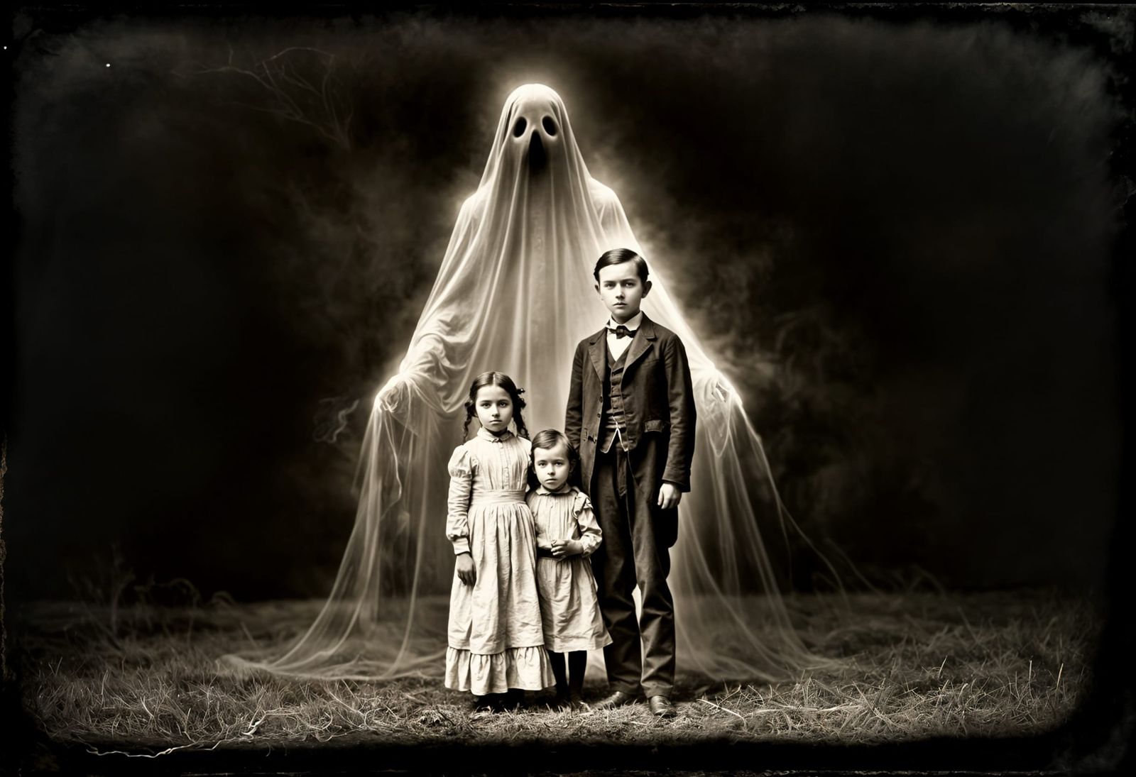 Semi-Translucent Ghost Lurks Behind Family in Haunting Dague...