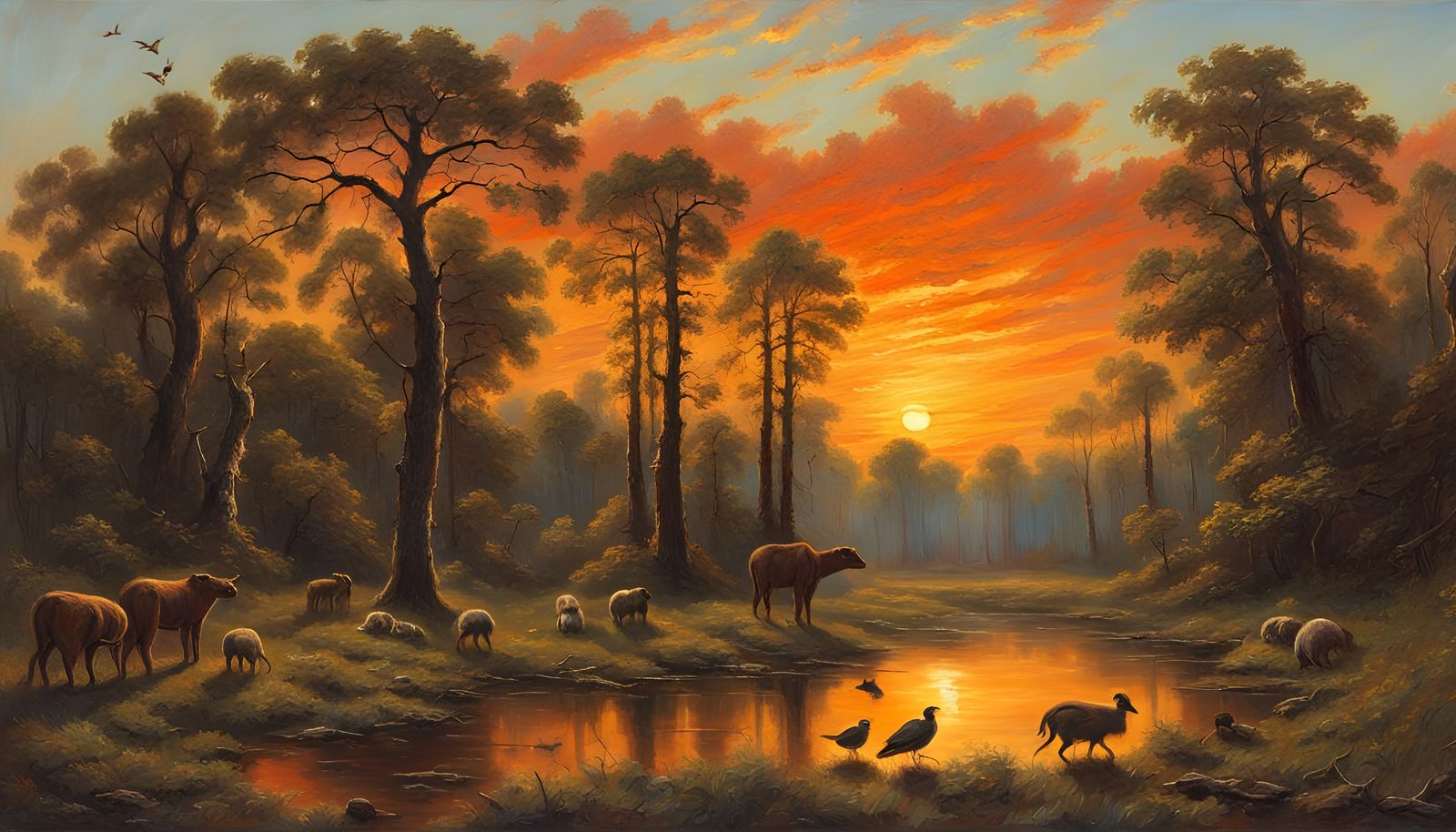 Forest Sunset with Animals, Oil Painting Style