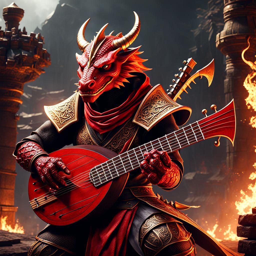 Red Dragonborn Bard: Detailed Fantasy Art
