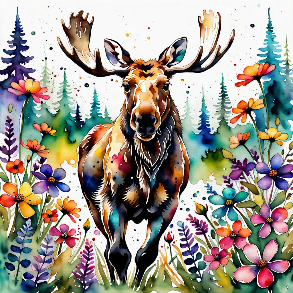 Watercolor Moose in Flower Garden Splash-Art