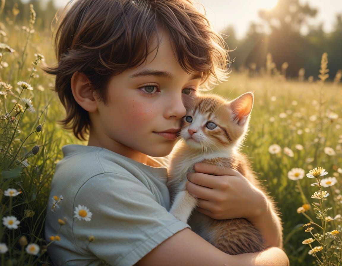 Whimsical Boy and Kitten in a Sun-Drenched Meadow
