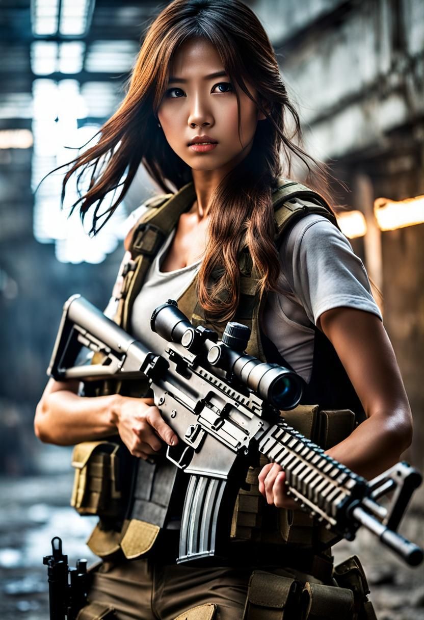 Female Soldier in Combat: Photorealistic Action Scene