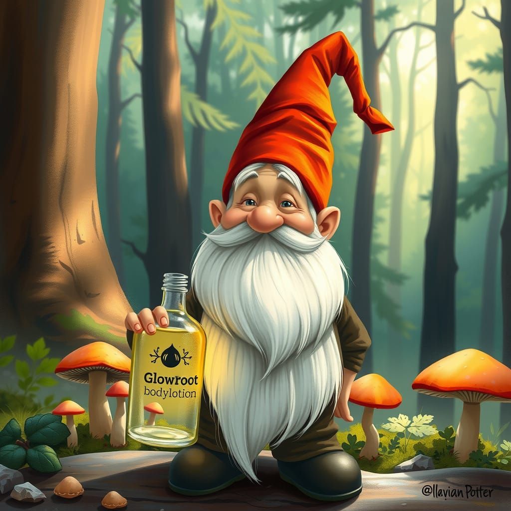Whimsical Gnome in Forest with Glowing Lotion