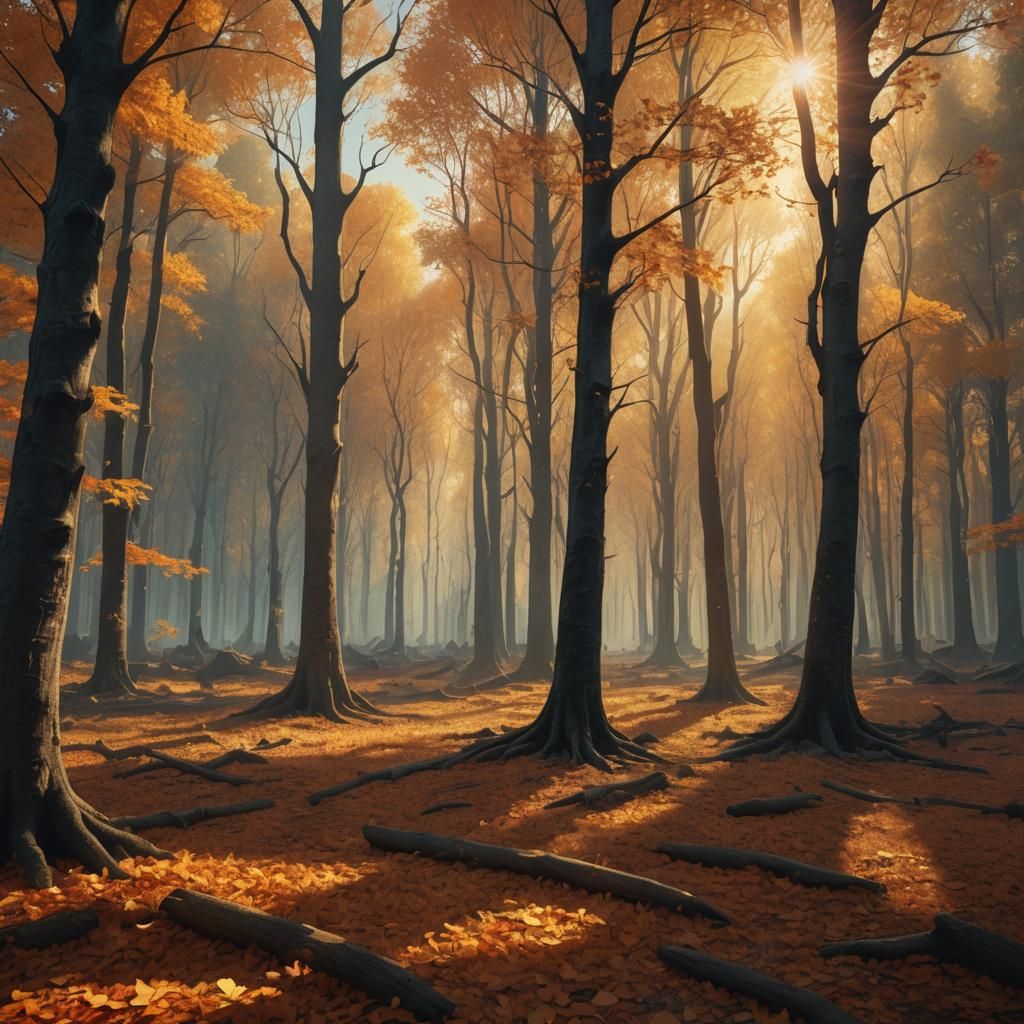 Autumnal Trees Shedding Leaves as Digital Matte Painting