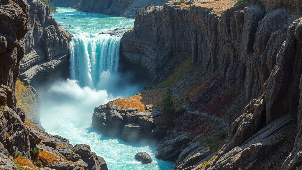 Turquoise Waterfall Cascades Over Rocky Cliff