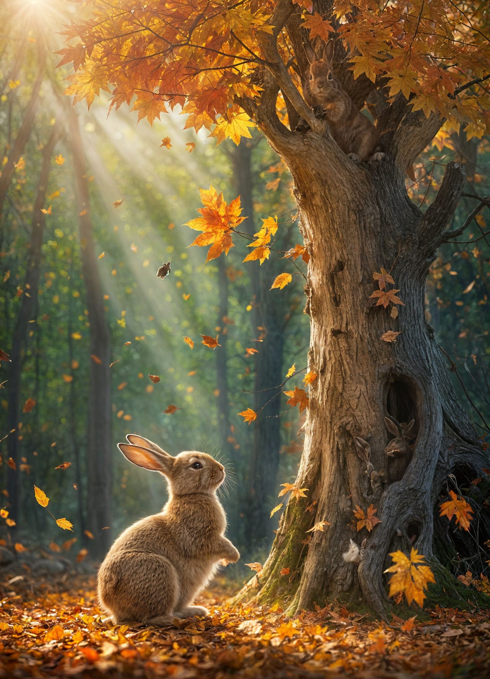 Rabbit Holding Flower in Autumn Forest: Matte Painting