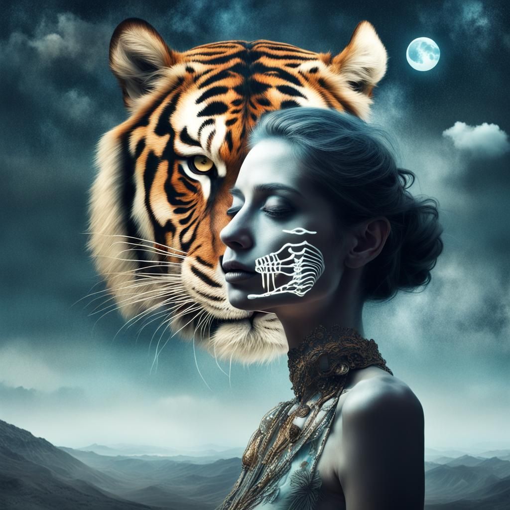 Double Exposure : magic realism : digital collage: woman Skeleton : tiger head : moonshine sky