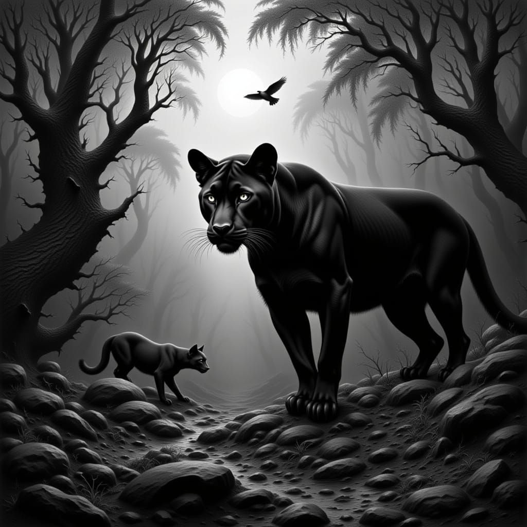 Moody Black and White Panther Painting in Jungle