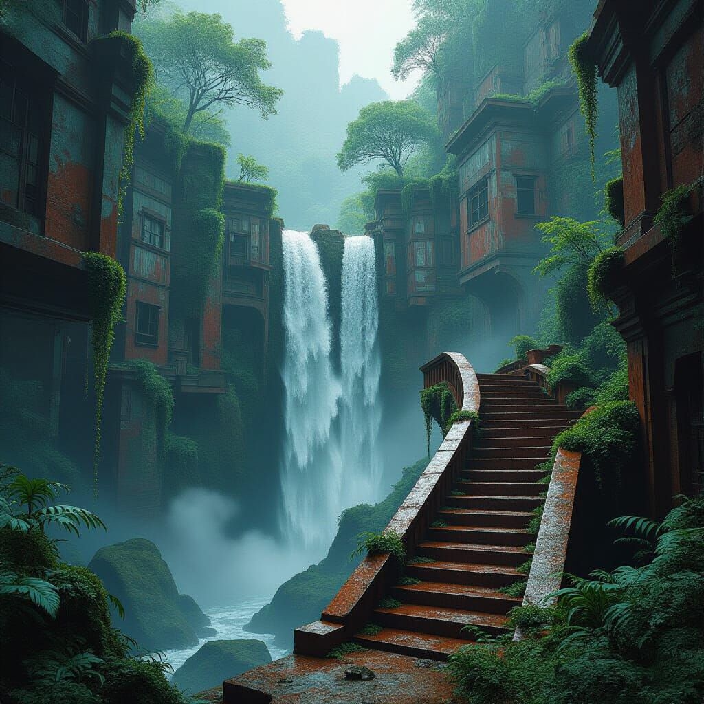 Waterfall Cascades Through Dystopian Cityscape