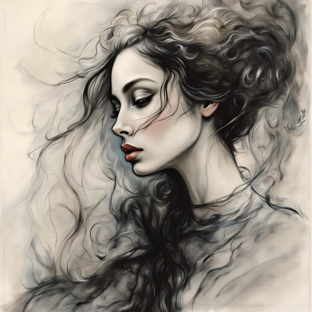 Romantic Muse in Delacroix Style Ink Wash